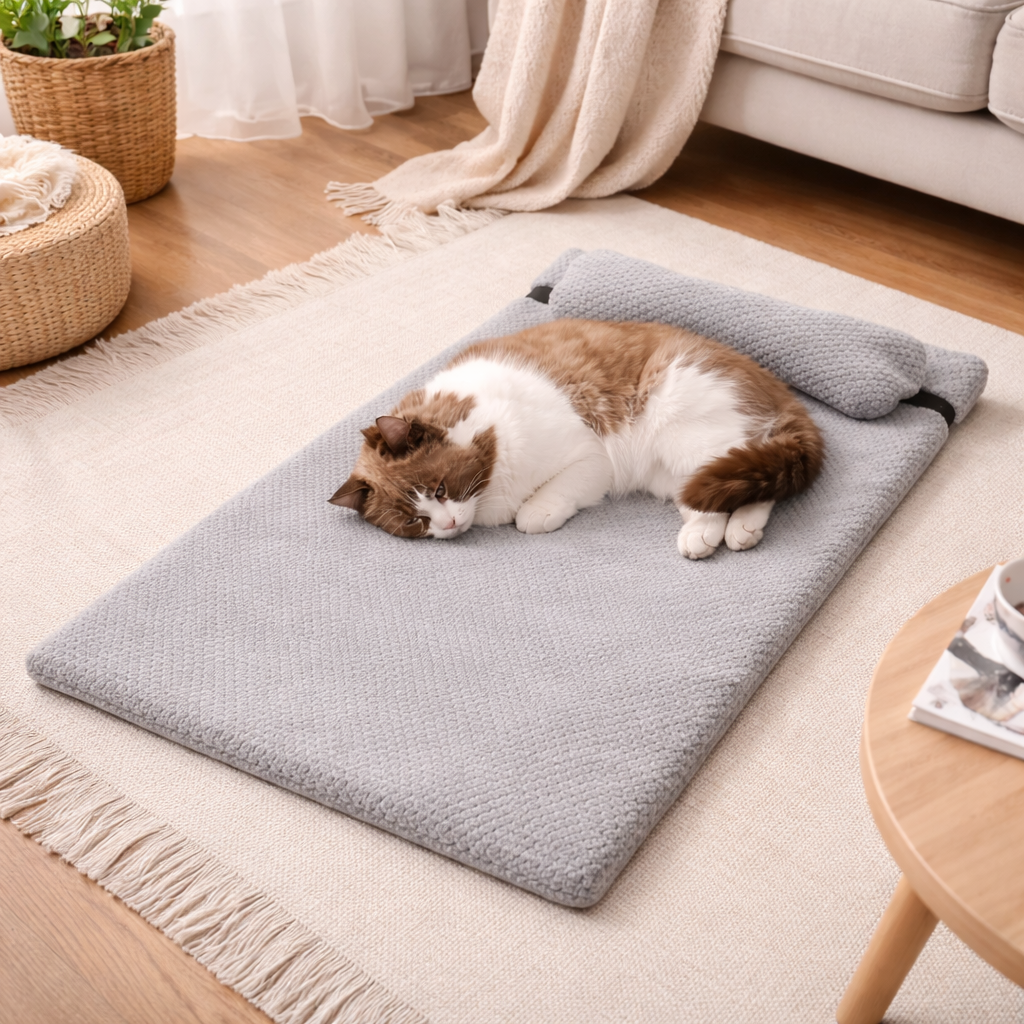 Lit pour Chat en Eponge Plate Toutes Saisons avec Oreiller