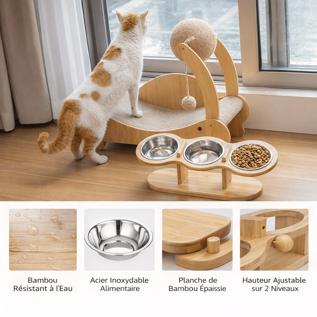 Gamelle Surélevée en Bois pour Chat 3 en 1