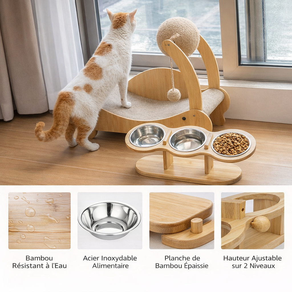 Gamelle Surélevée en Bois pour Chat 3 en 1