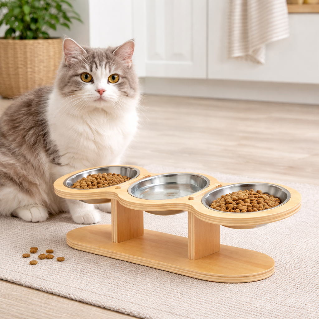 Gamelle Surélevée en Bois pour Chat 3 en 1