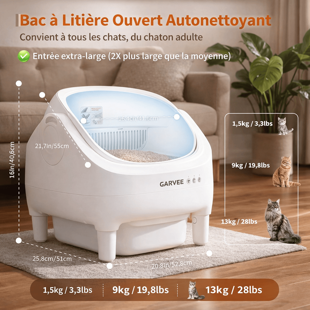Bac à Litière Autonettoyant de 10,5 L pour Plusieurs Chats