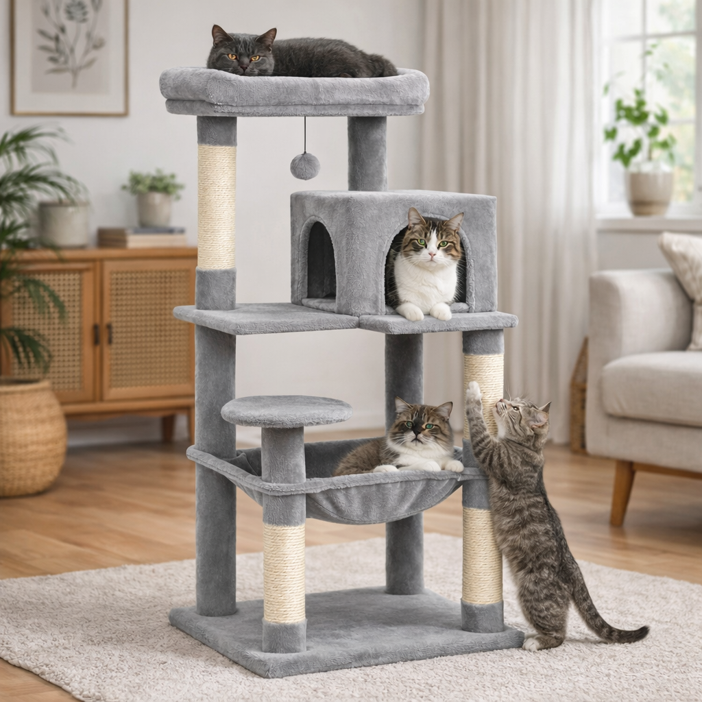 Arbre à Chat Multiplateforme avec Hamac, Niches et Poteaux à Griffer
