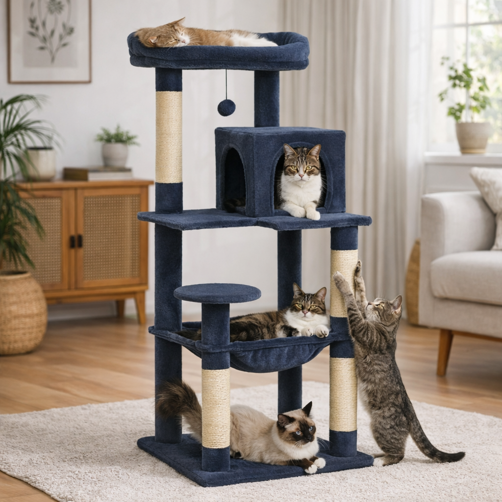 Arbre à Chat Multiplateforme avec Hamac, Niches et Poteaux à Griffer