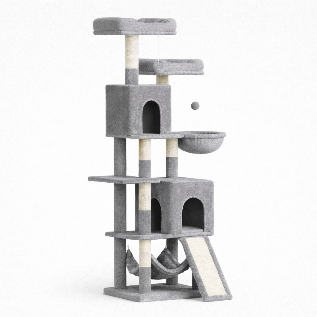 Grand Arbre à Chat 158 cm avec 7 Poteaux à Griffer, 2 Niches et 2 Hamacs