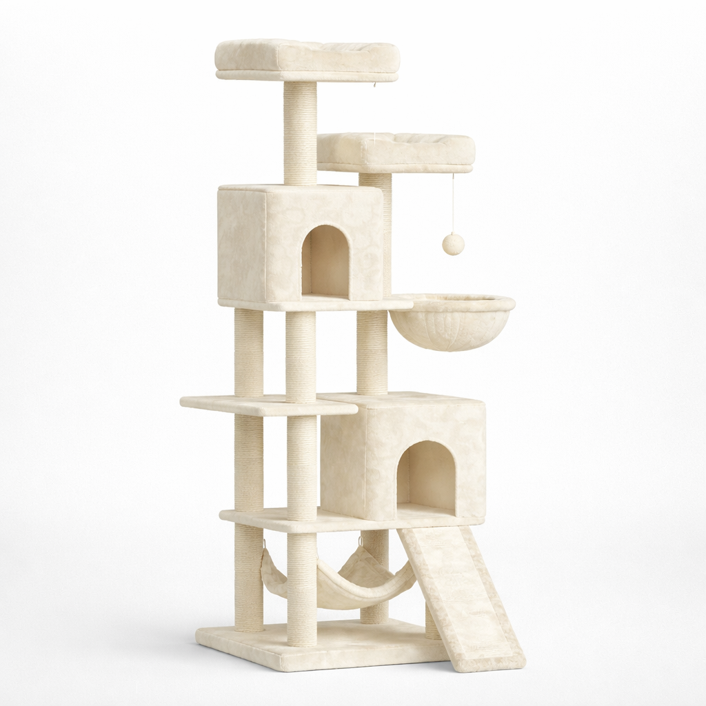 Grand Arbre à Chat 158 cm avec 7 Poteaux à Griffer, 2 Niches et 2 Hamacs