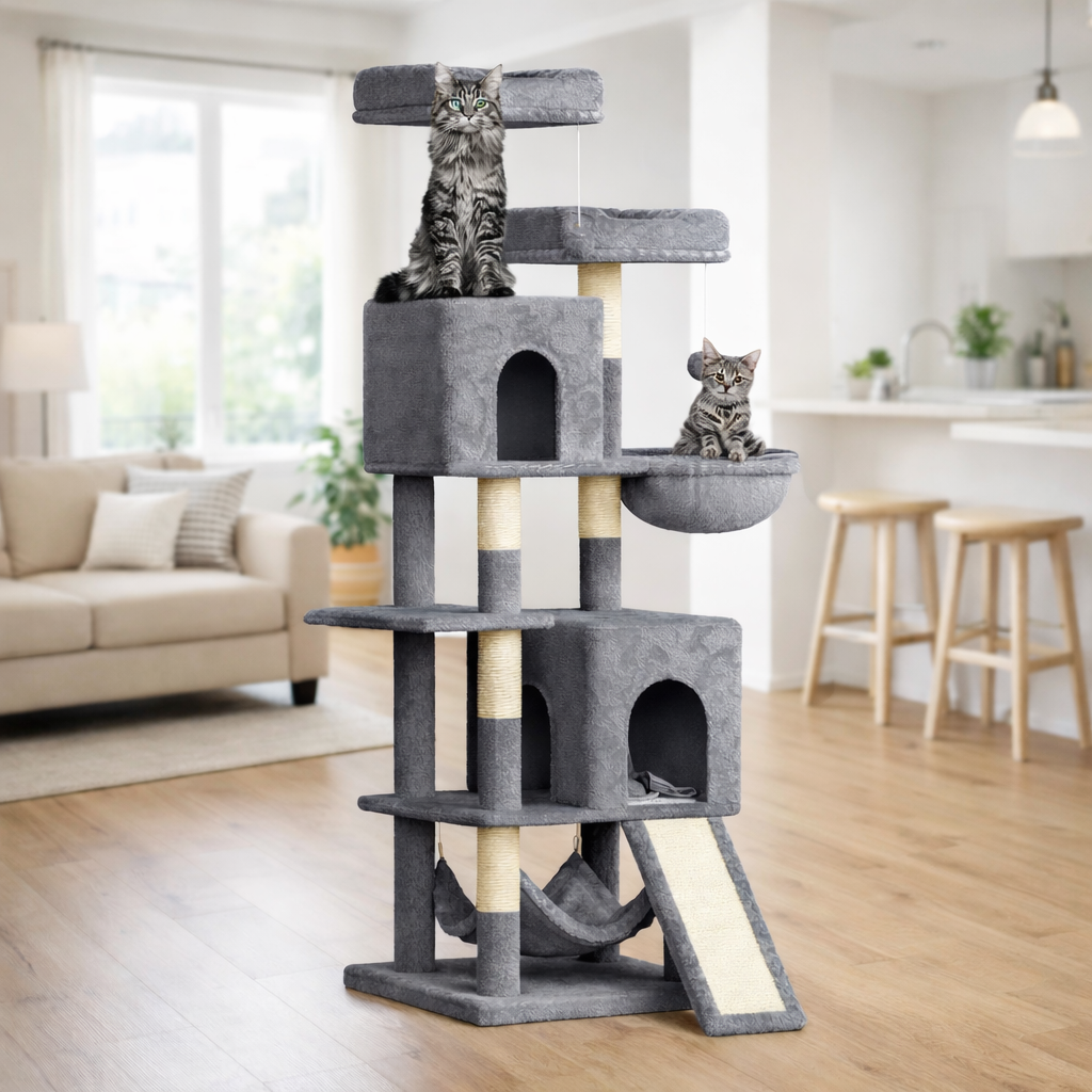 Grand Arbre à Chat 158 cm avec 7 Poteaux à Griffer, 2 Niches et 2 Hamacs