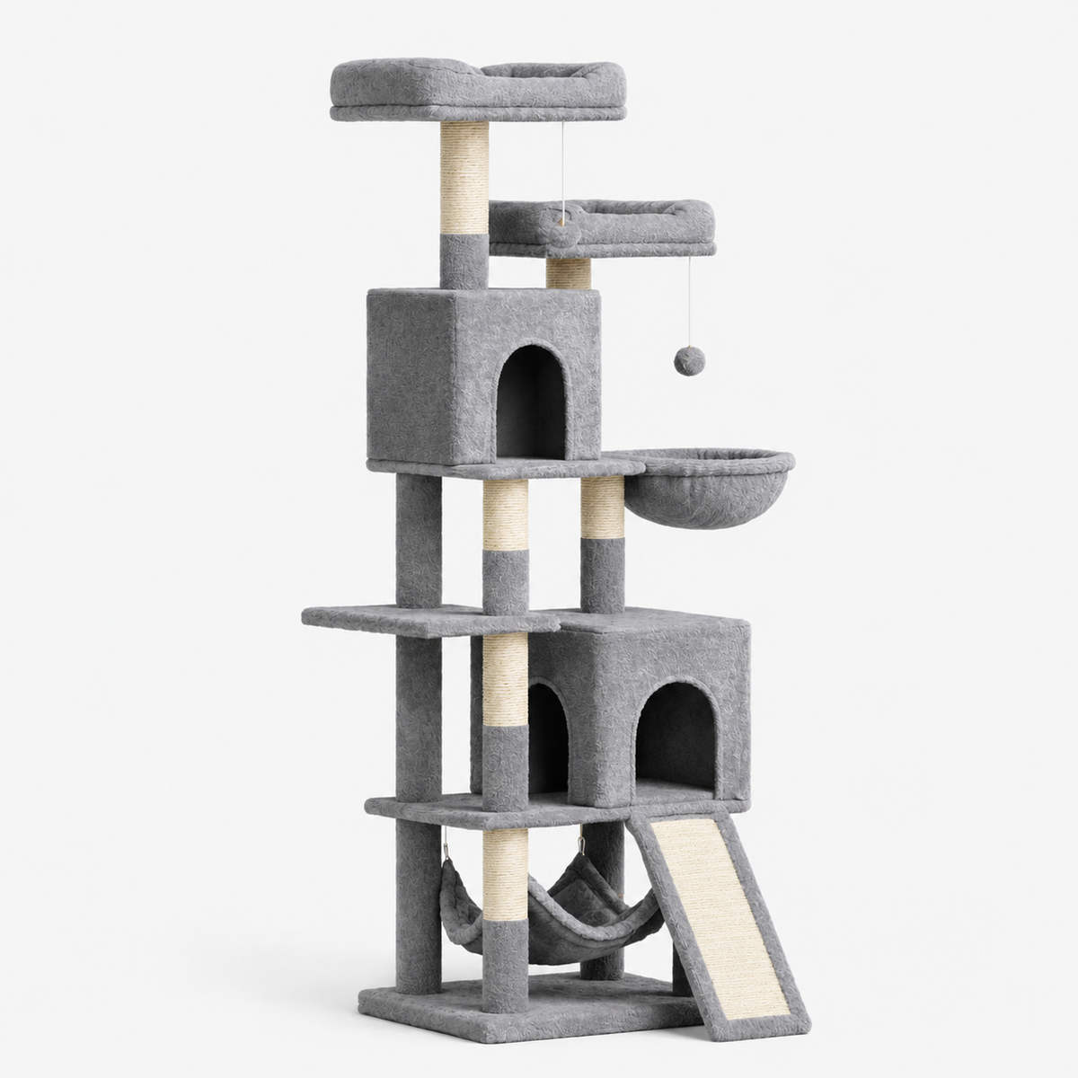 Grand Arbre à Chat 158 cm avec 7 Poteaux à Griffer, 2 Niches et 2 Hamacs