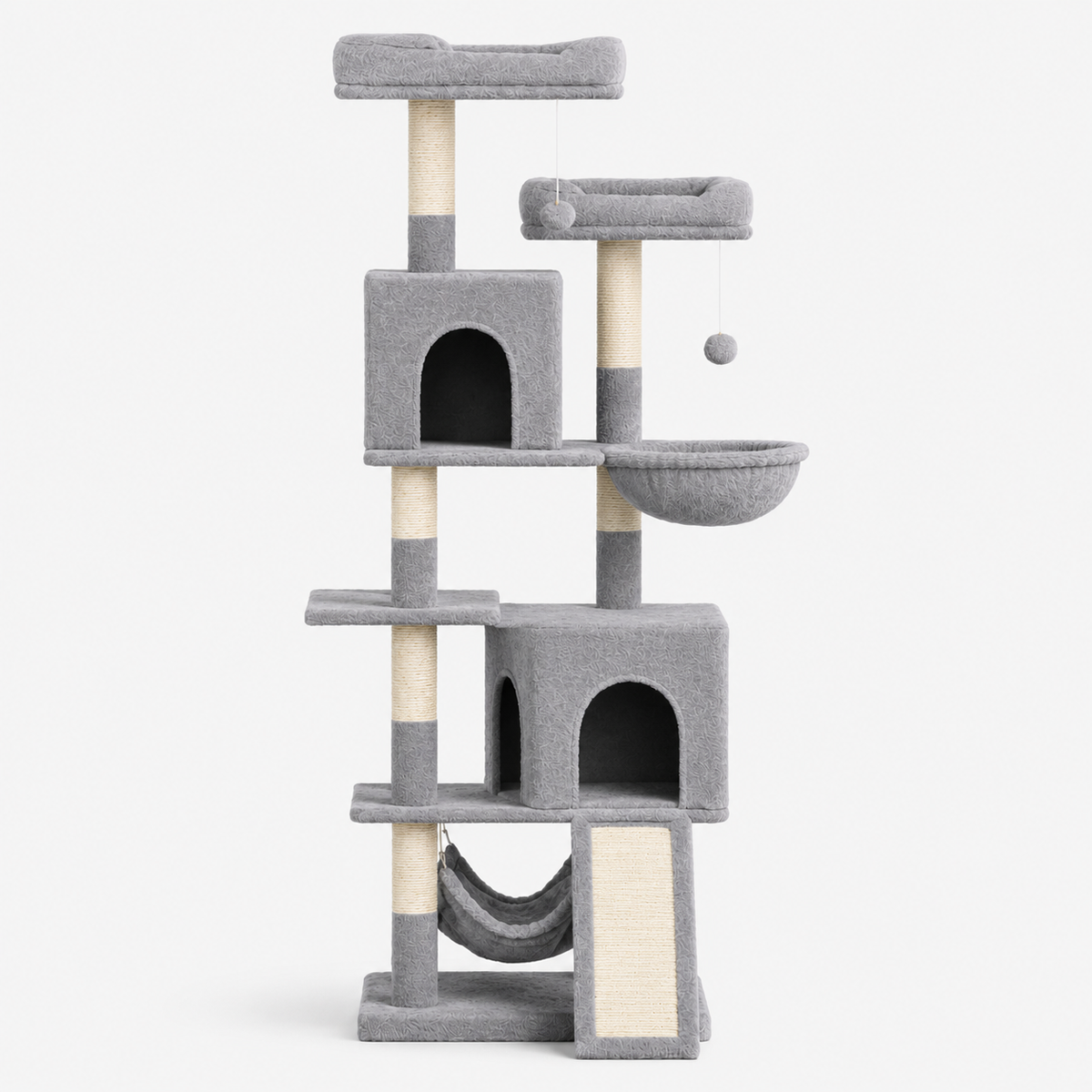 Grand Arbre à Chat 158 cm avec 7 Poteaux à Griffer, 2 Niches et 2 Hamacs
