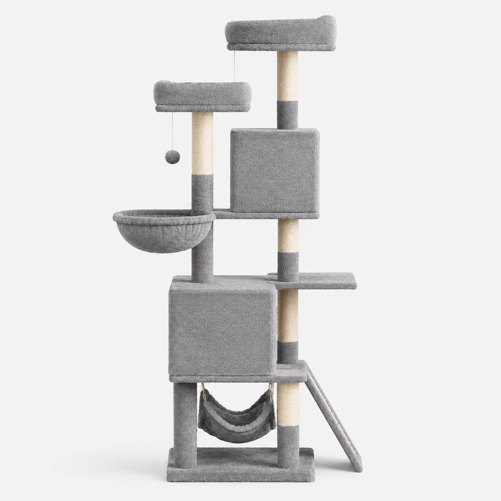 Grand Arbre à Chat 158 cm avec 7 Poteaux à Griffer, 2 Niches et 2 Hamacs