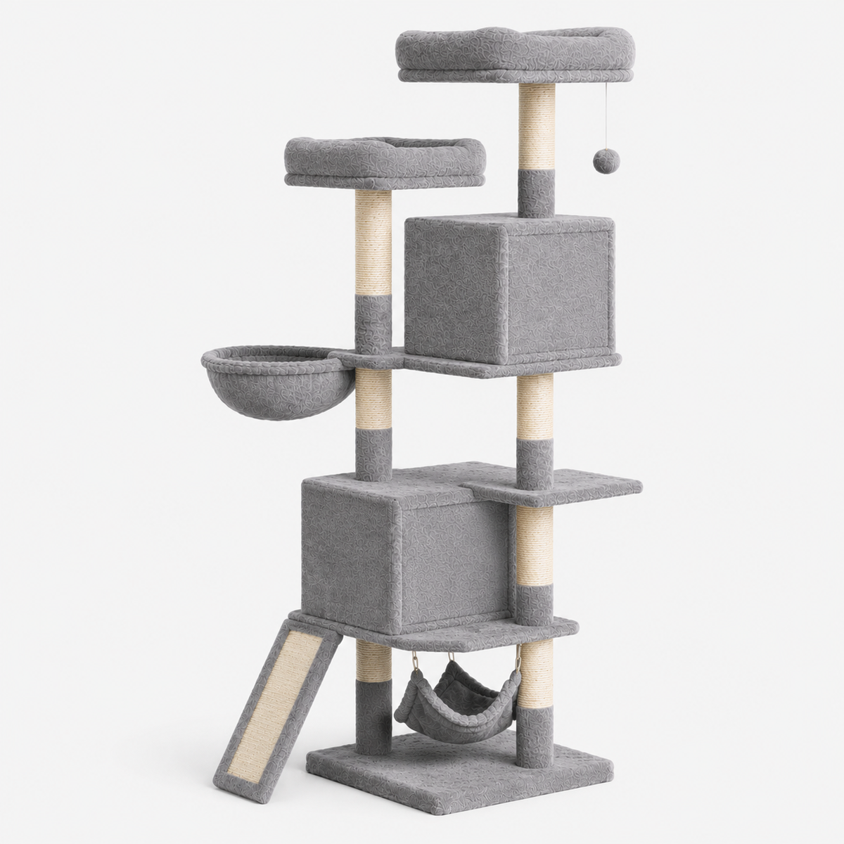 Grand Arbre à Chat 158 cm avec 7 Poteaux à Griffer, 2 Niches et 2 Hamacs