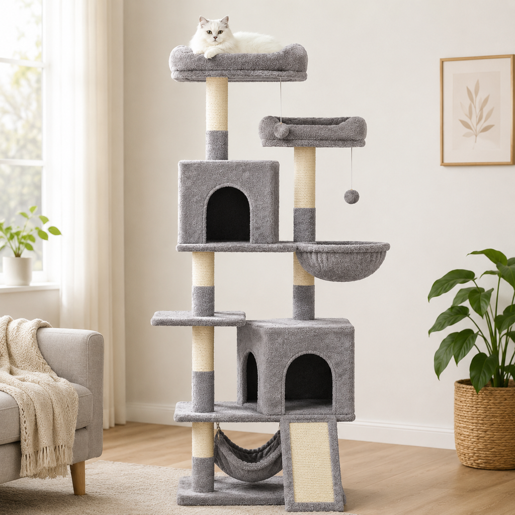 Grand Arbre à Chat 158 cm avec 7 Poteaux à Griffer, 2 Niches et 2 Hamacs