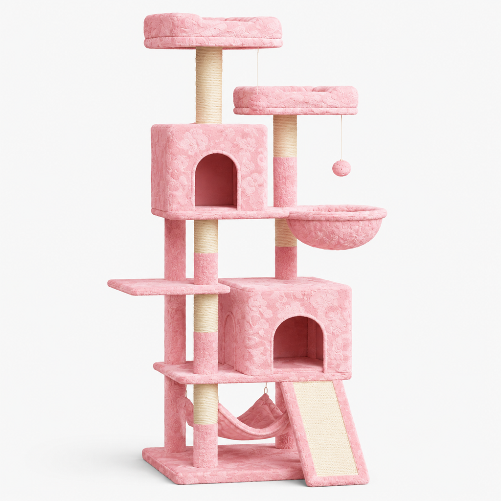 Grand Arbre à Chat 158 cm avec 7 Poteaux à Griffer, 2 Niches et 2 Hamacs