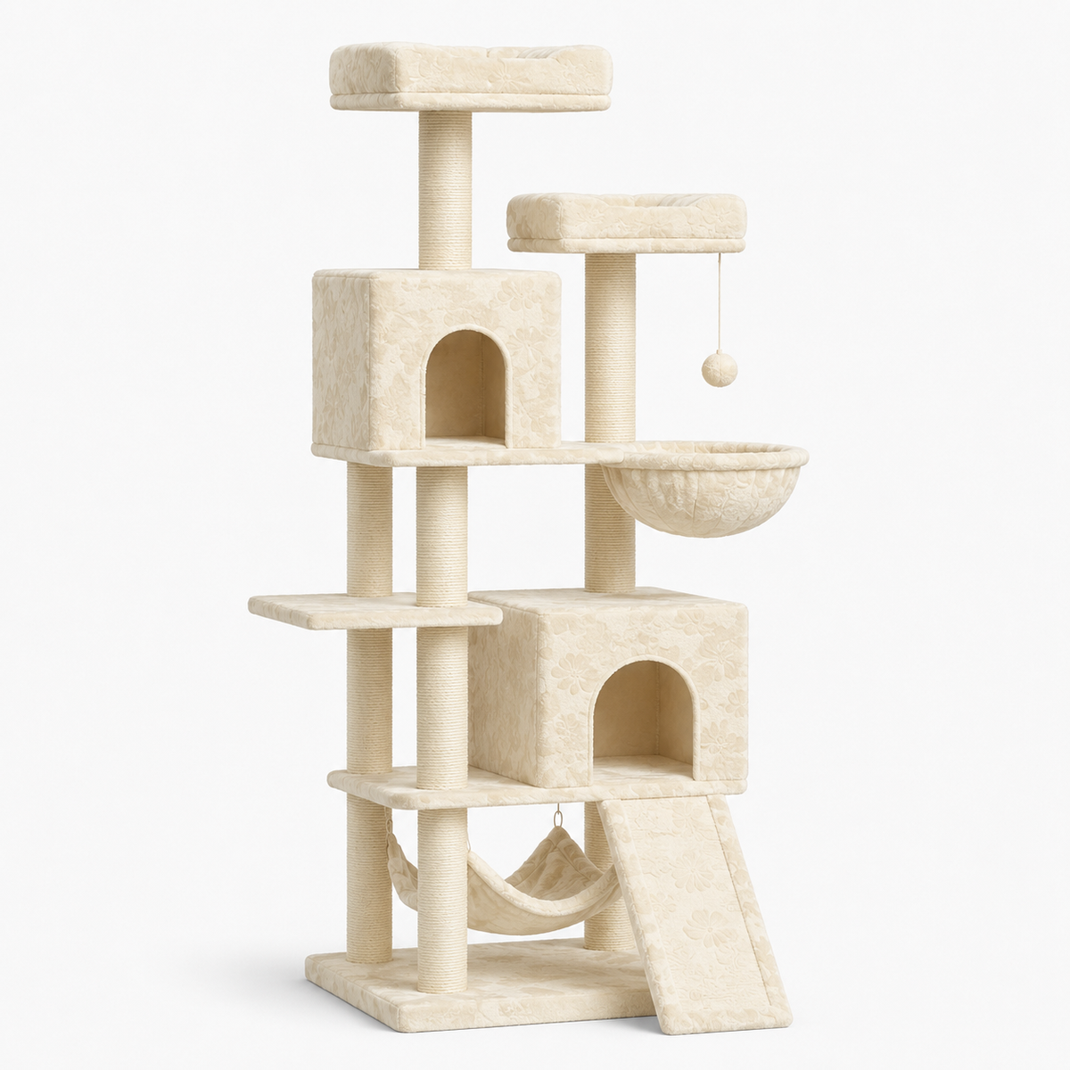 Grand Arbre à Chat 158 cm avec 7 Poteaux à Griffer, 2 Niches et 2 Hamacs