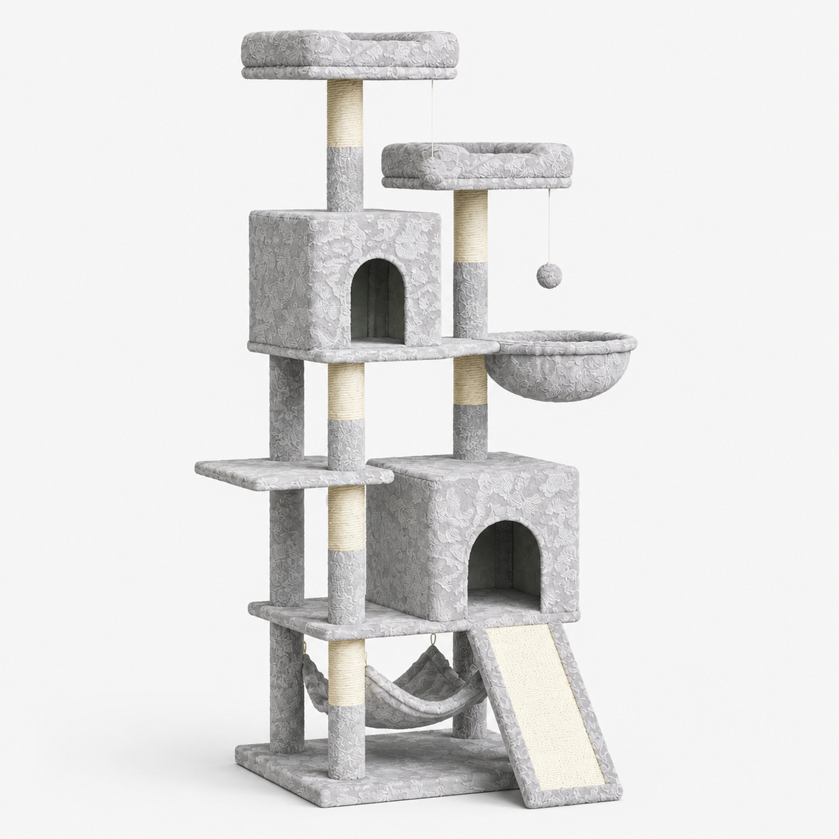 Grand Arbre à Chat 158 cm avec 7 Poteaux à Griffer, 2 Niches et 2 Hamacs