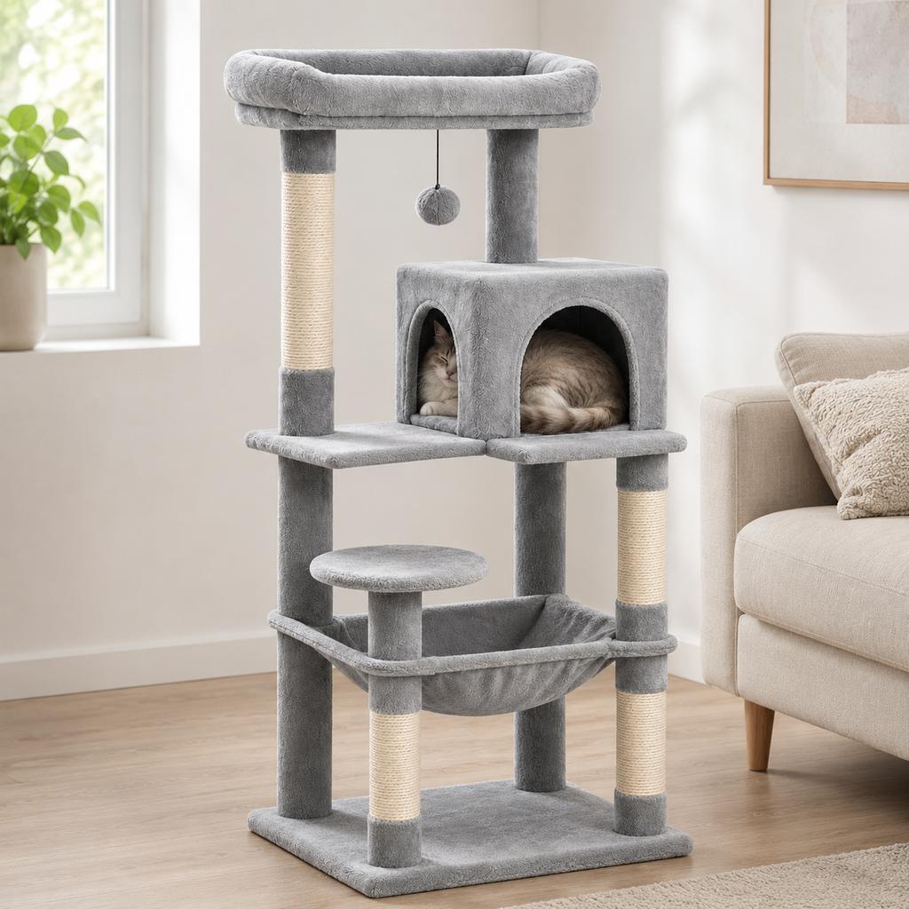 Arbre à Chat Multiplateforme avec Hamac, Niches et Poteaux à Griffer