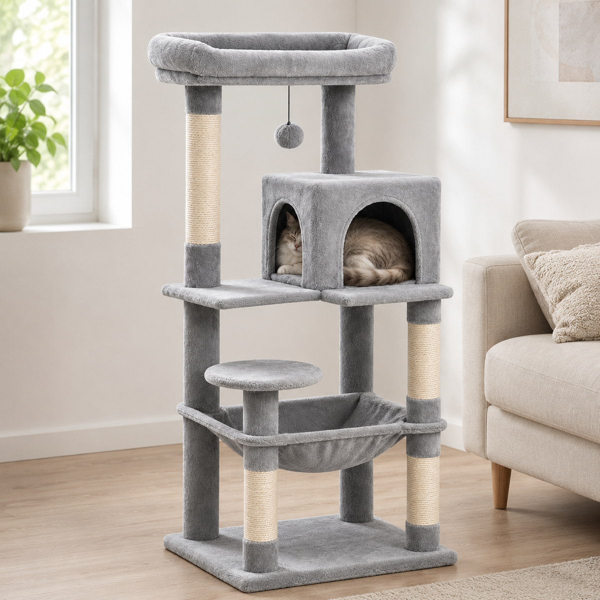Arbre à Chat Multiplateforme avec Hamac, Niches et Poteaux à Griffer