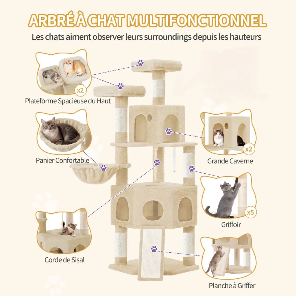 Arbre à Chat XL avec Cabanes et Griffoirs