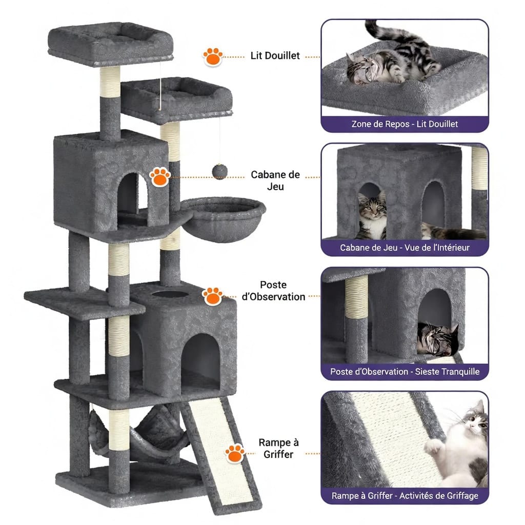 Grand Arbre à Chat 158 cm avec 7 Poteaux à Griffer, 2 Niches et 2 Hamacs