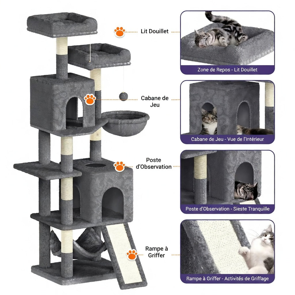 Grand Arbre à Chat 158 cm avec 7 Poteaux à Griffer, 2 Niches et 2 Hamacs