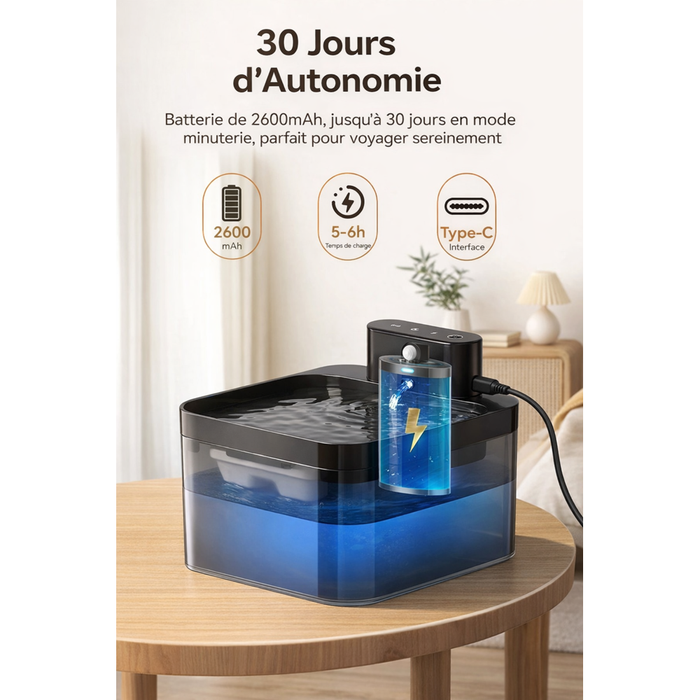 Fontaine à Eau Automatique Sans Fil 2.2L